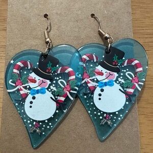 Snowman Heart Shaped Earrings with Candy Canes